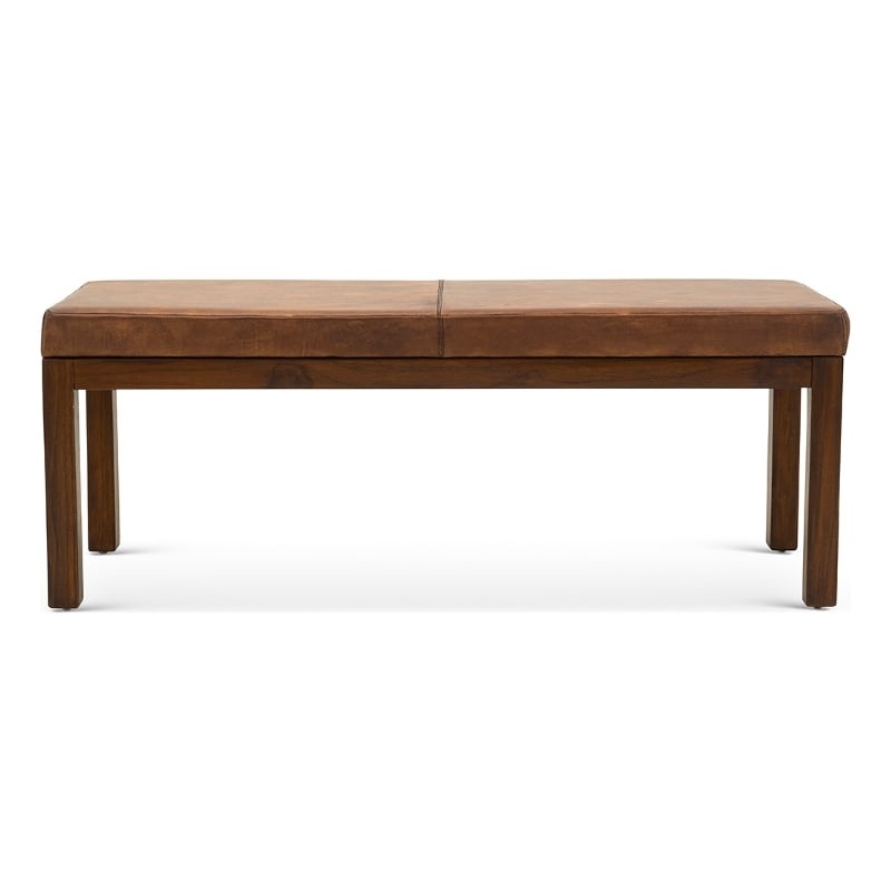 Pemberly Row Mid Century Modern Genuine Leather Bench in Tan Brown