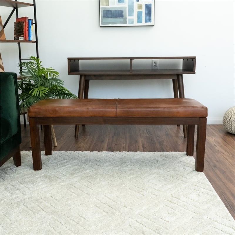 Pemberly Row Mid Century Modern Genuine Leather Bench in Tan Brown