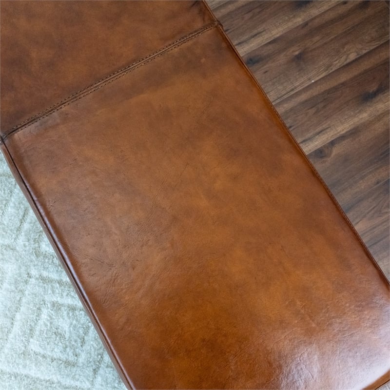 Pemberly Row Mid Century Modern Genuine Leather Bench in Tan Brown