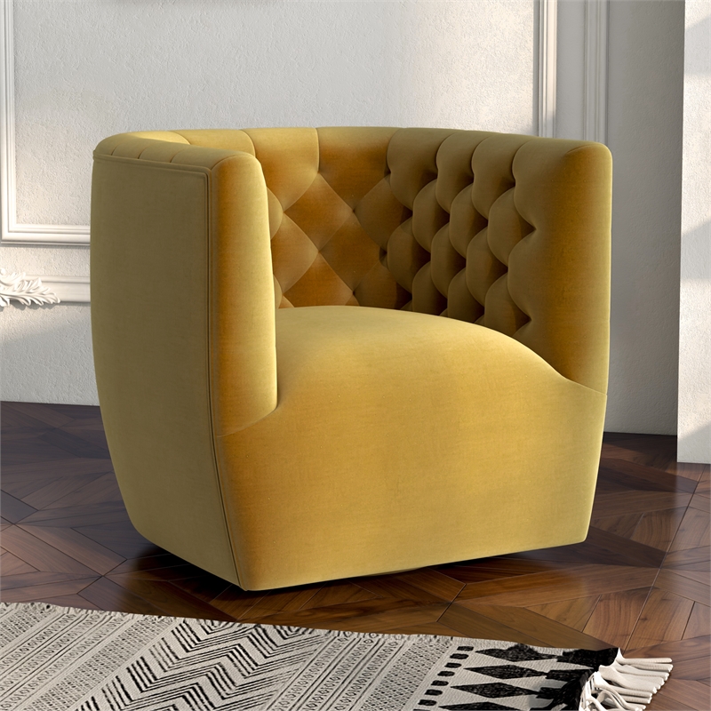 Pemberly Row Mid-century Velvet Tufted Back Swivel Chair in Gold Yellow