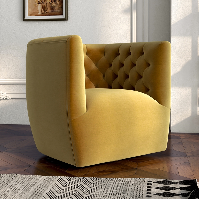 Pemberly Row Mid-century Velvet Tufted Back Swivel Chair in Gold Yellow