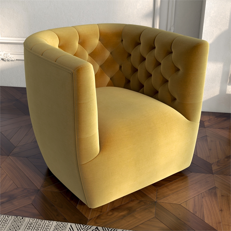 Pemberly Row Mid-century Velvet Tufted Back Swivel Chair in Gold Yellow