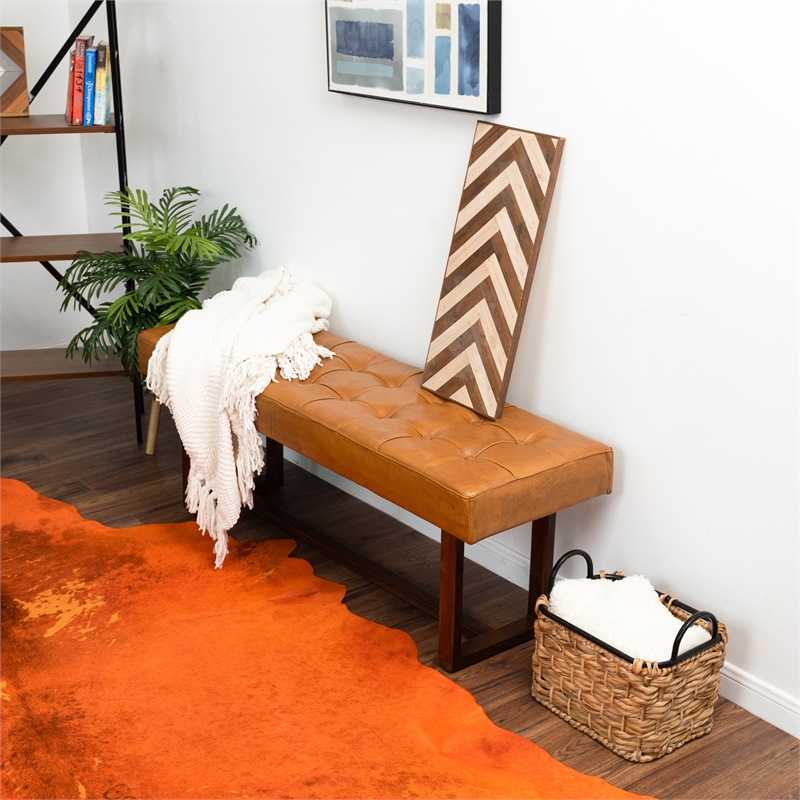 Pemberly Row Mid-Century Modern Rectangular Genuine Leather Bench in Tan
