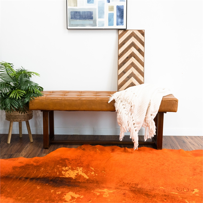 Pemberly Row Mid-Century Modern Rectangular Genuine Leather Bench in Tan