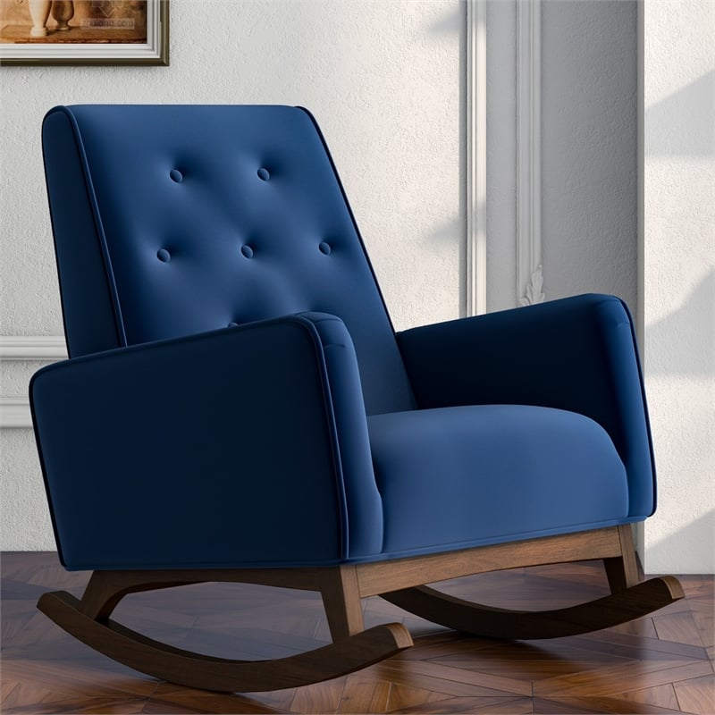 Pemberly Row Mid-Century Modern Tight Back Velvet Rocking Chair in Blue
