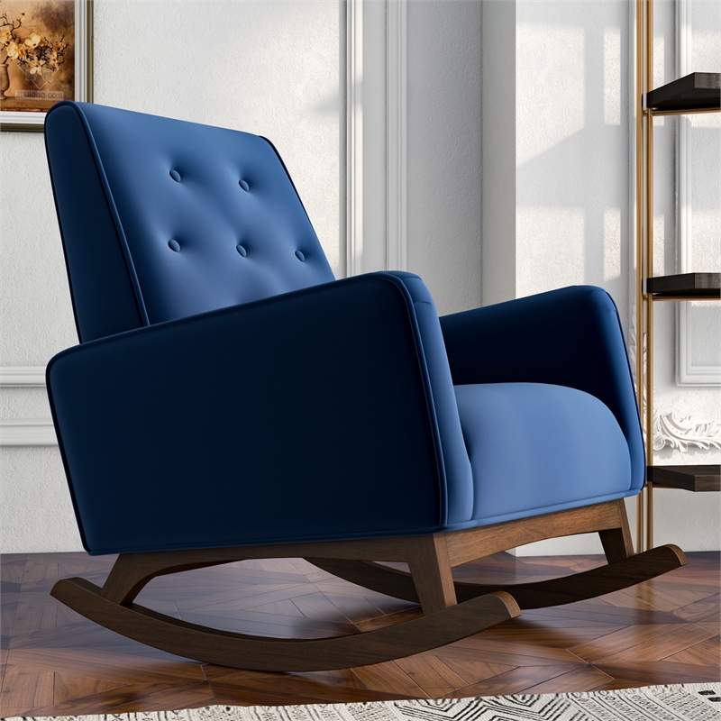 Pemberly Row Mid-Century Modern Tight Back Velvet Rocking Chair in Blue