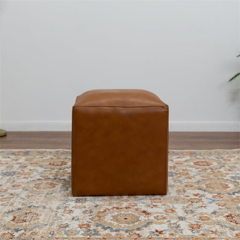 Pemberly Row Square Solid Wood and Genuine Leather Ottoman in Espresso