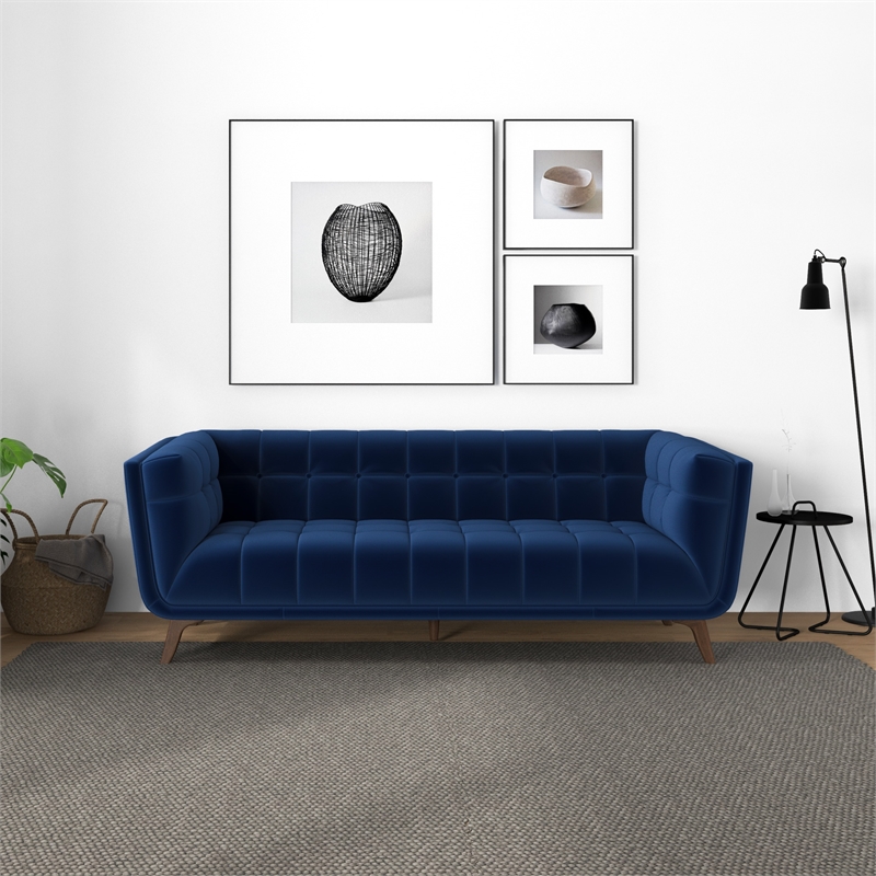 Pemberly Row Mid-Century Velvet Tufted Living Room Sofa in Navy Blue