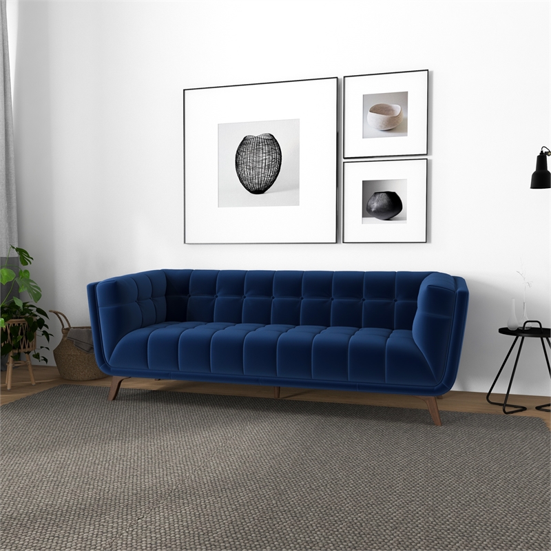 Pemberly Row Mid-Century Velvet Tufted Living Room Sofa in Navy Blue