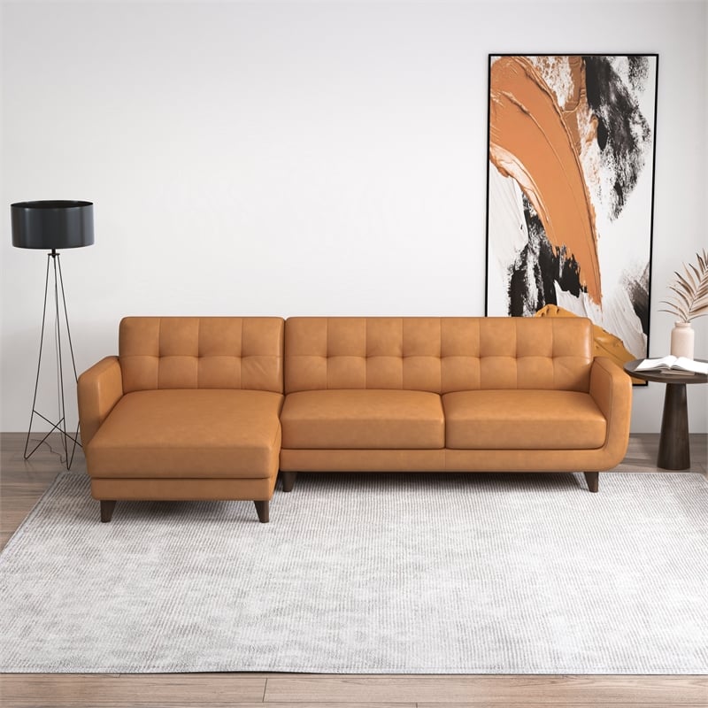 Pemberly Row Leather Upholstered Left Chaise Sectional Sofa in Tan