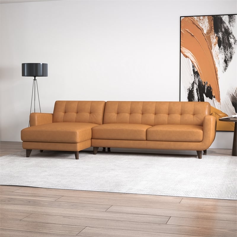 Pemberly Row Leather Upholstered Left Chaise Sectional Sofa in Tan