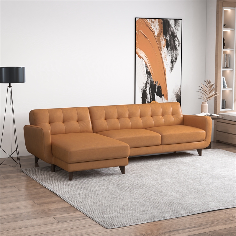 Pemberly Row Leather Upholstered Left Chaise Sectional Sofa in Tan
