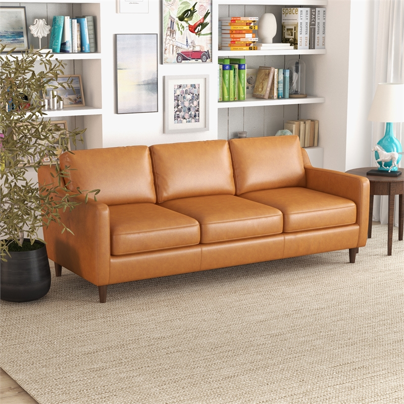 Pemberly Row Genuine Italian Leather Upholstered Sofa in Cognac/Tan
