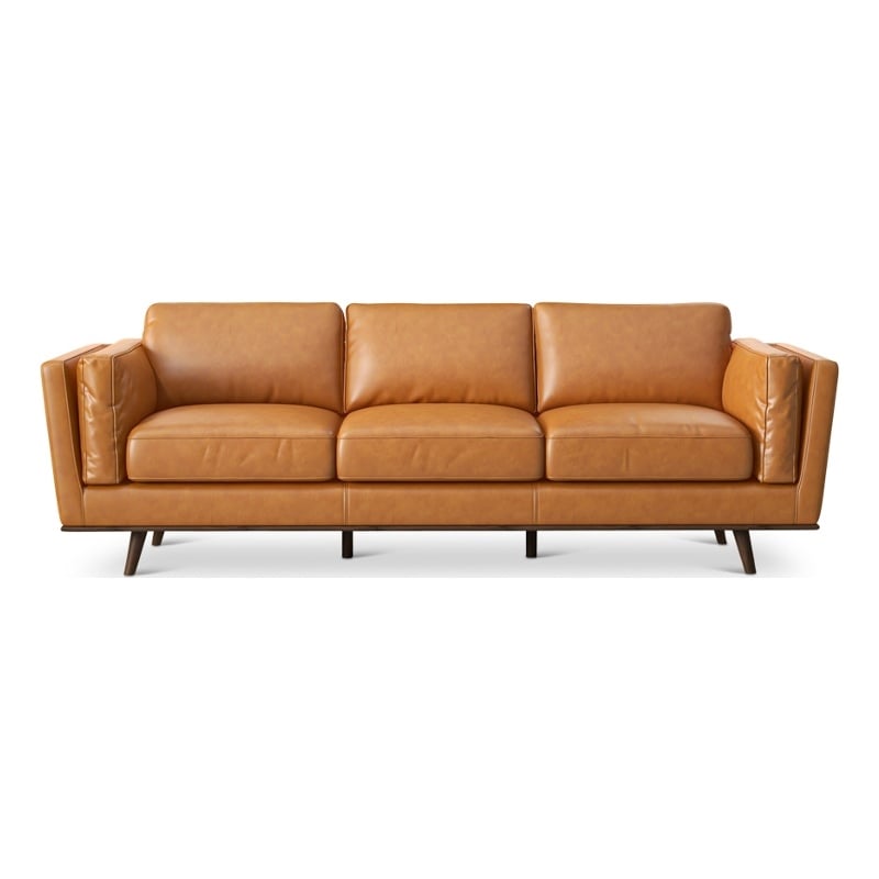 Pemberly Row Mid-Century Genuine Leather Cushion-Back Sofa in Tan