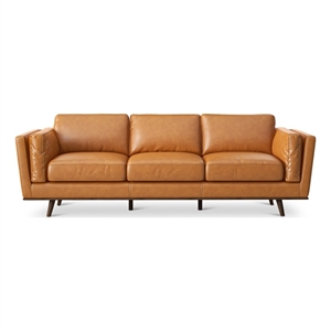 Pemberley Row Genuine Leather Tan Sofa Rectangular High Density Foam Cushions 89&quot Unassembled