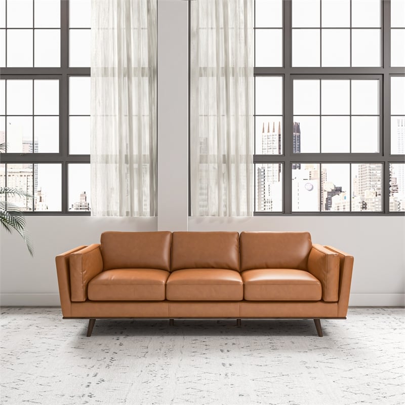 Pemberly Row Mid-Century Genuine Leather Cushion-Back Sofa in Tan