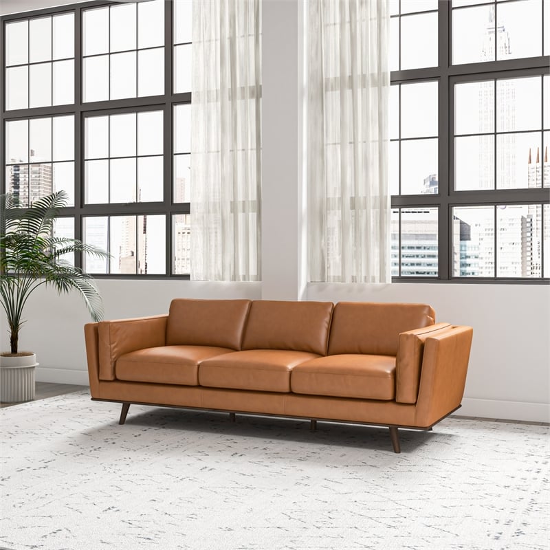 Pemberly Row Mid-Century Genuine Leather Cushion-Back Sofa in Tan