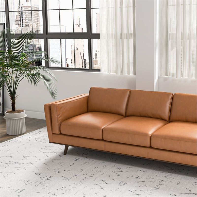 Pemberly Row Mid-Century Genuine Leather Cushion-Back Sofa in Tan
