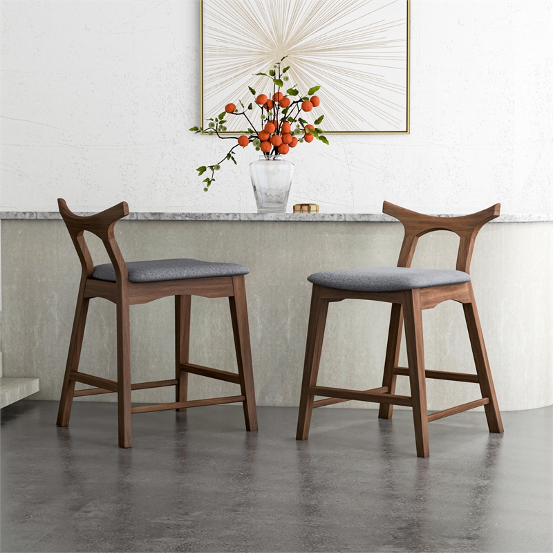 Pemberly Row Square Fabric Upholstered Counter Stool Dark Gray/Walnut (Set of 2)