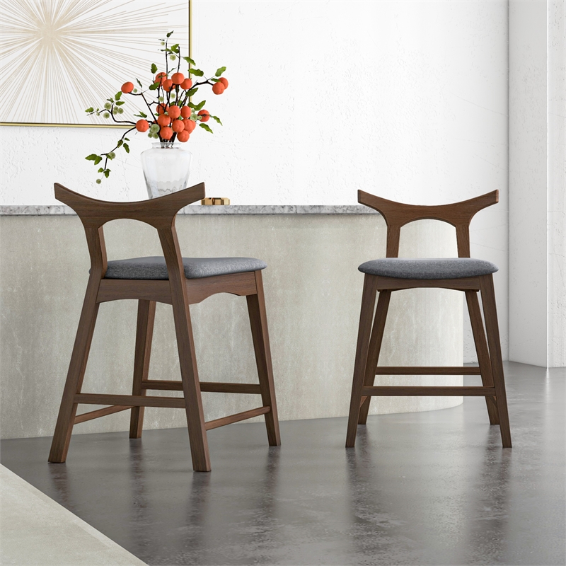 Pemberly Row Square Fabric Upholstered Counter Stool Dark Gray/Walnut (Set of 2)