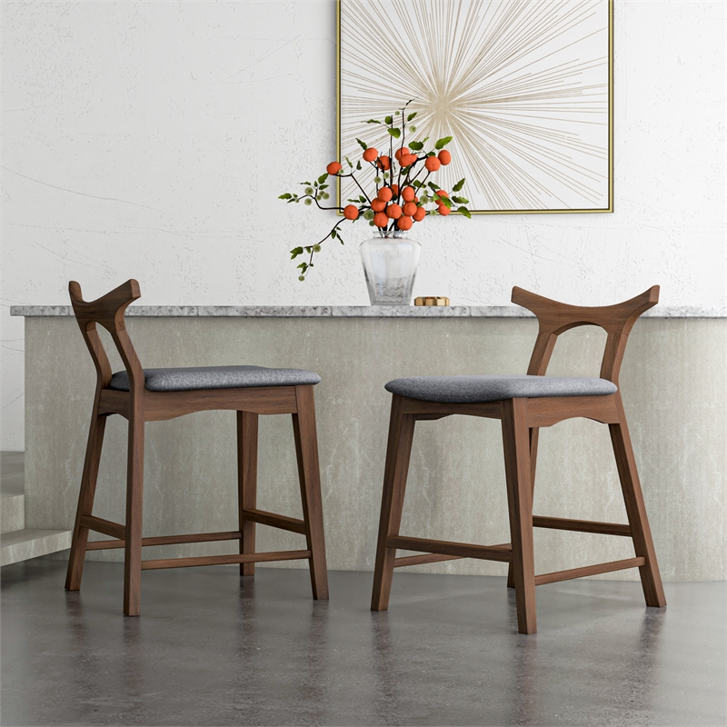 Pemberly Row Square Fabric Upholstered Counter Stool Dark Gray/Walnut (Set of 2)