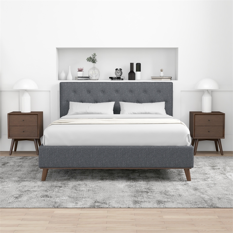 Pemberly Row Mid-Century Modern Queen Fabric Platform Bed in Gray