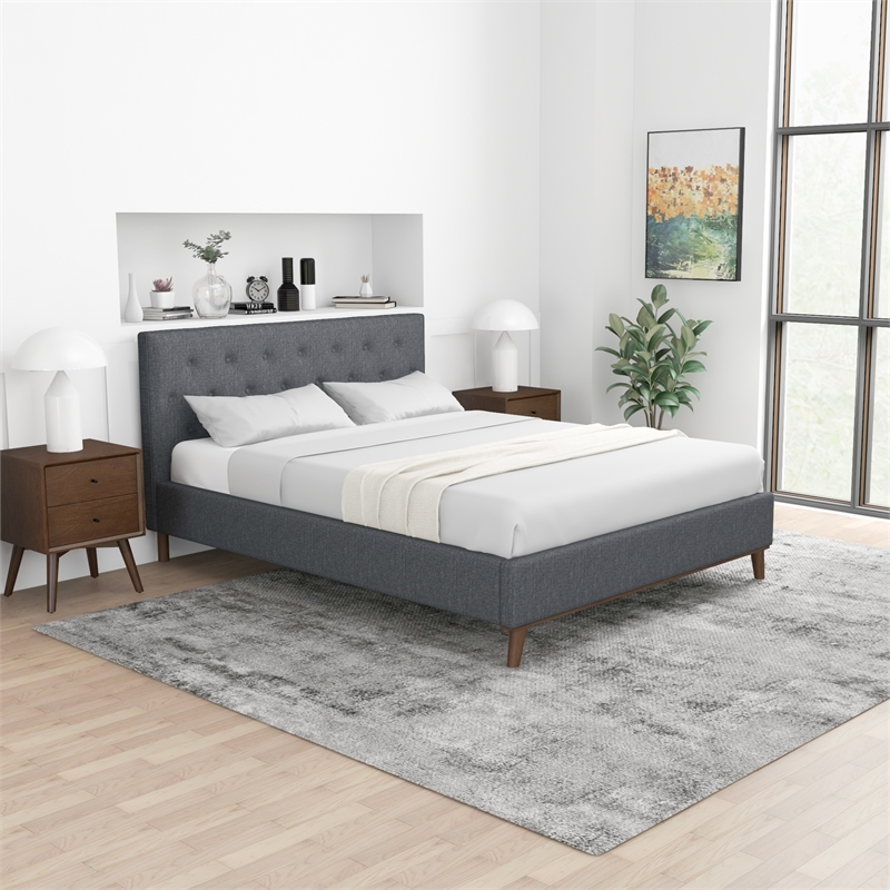 Pemberly Row Mid-Century Modern Queen Fabric Platform Bed in Gray