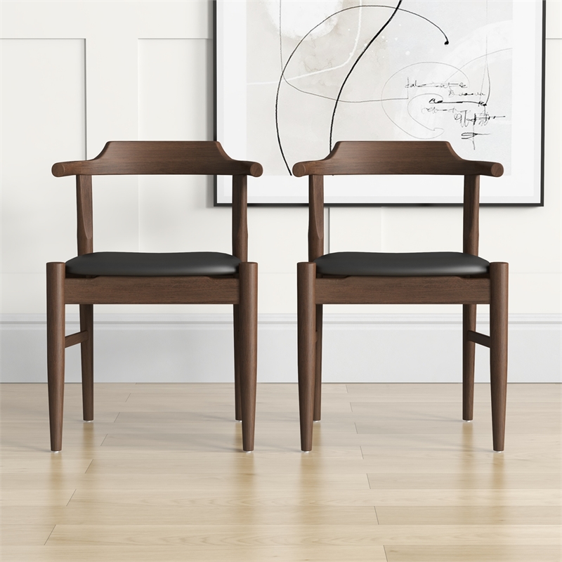 Pemberly Row Faux Leather & Wood Dining Chair in Black/Walnut (Set of 2)