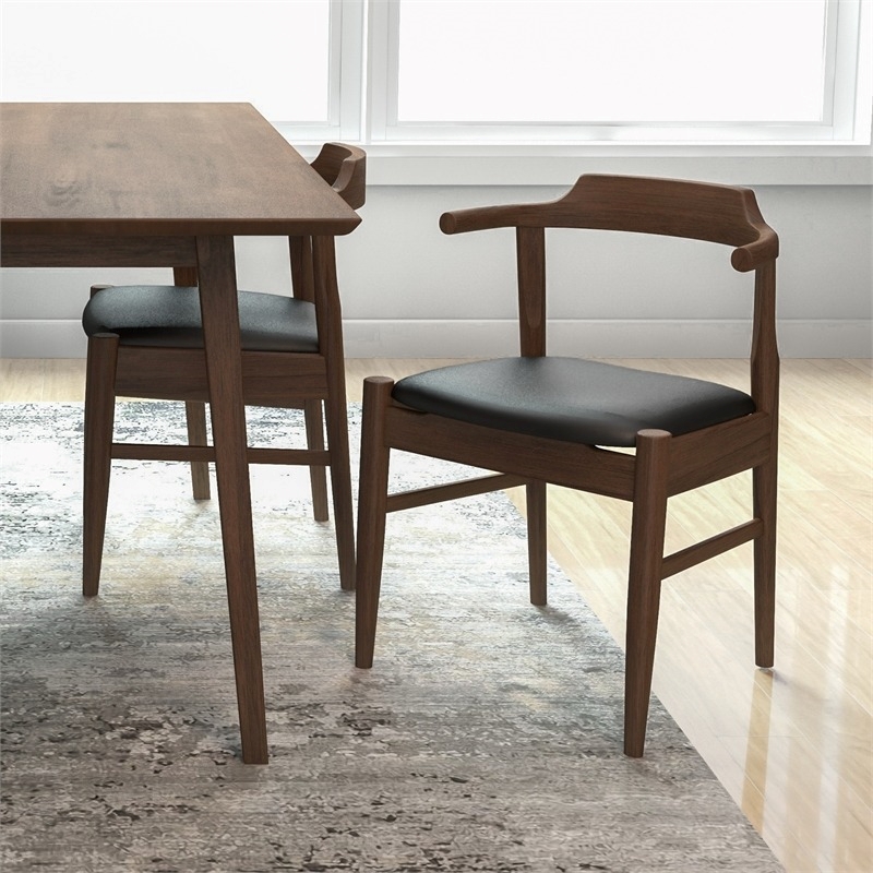 Pemberly Row Faux Leather & Wood Dining Chair in Black/Walnut (Set of 2)