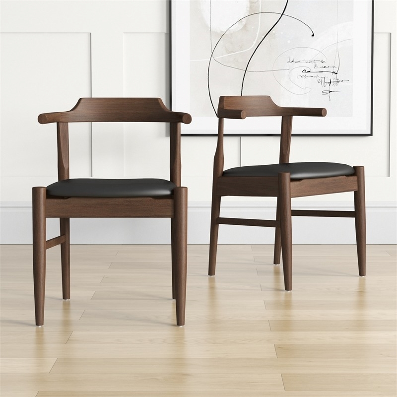 Pemberly Row Faux Leather & Wood Dining Chair in Black/Walnut (Set of 2)