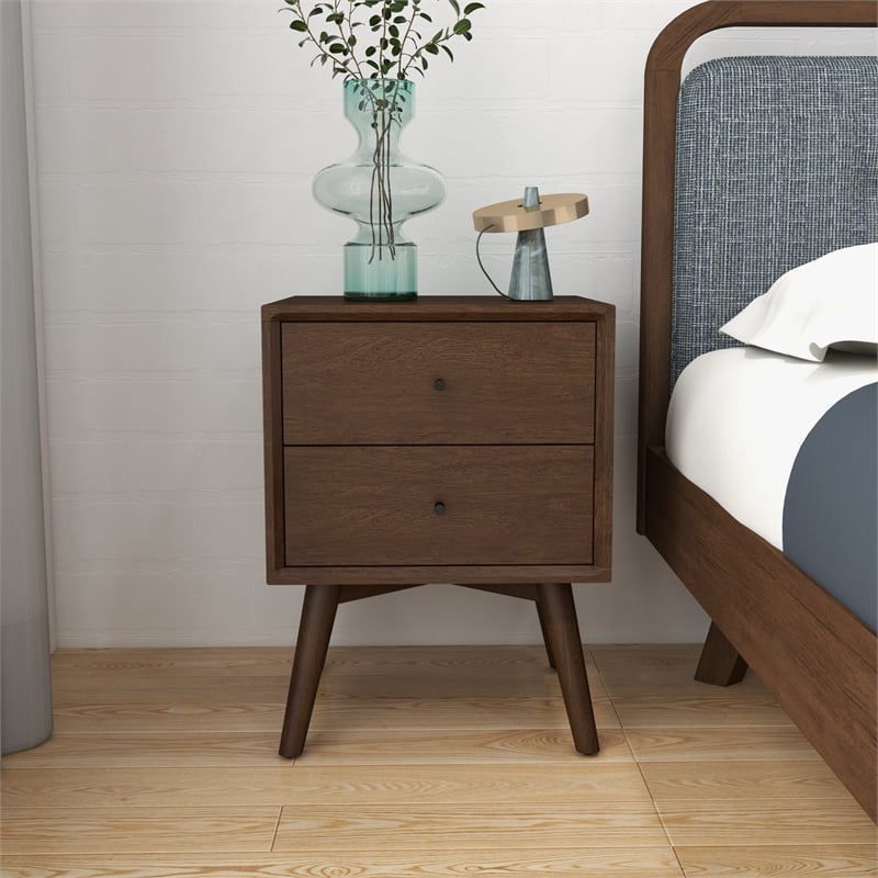 Pemberly Row Mid-Century Modern Solid Wood 2-Drawer Night Stand in Brown