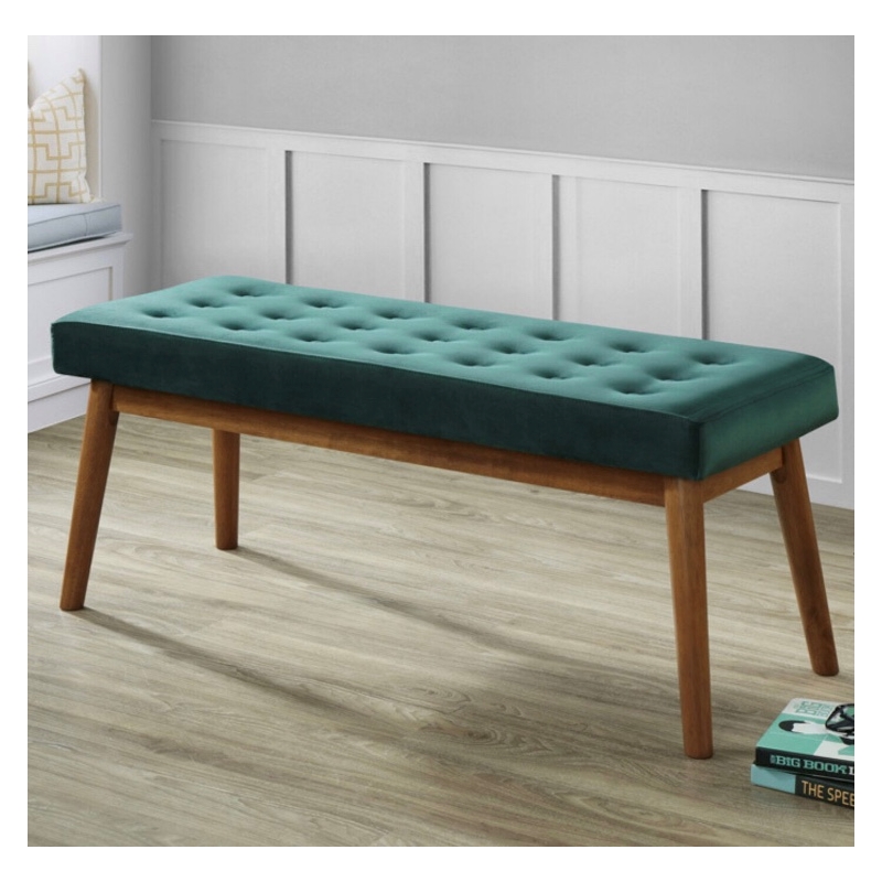 Pemberly Row Wood Frame and Velvet Upholstered Bench in Green/Walnut