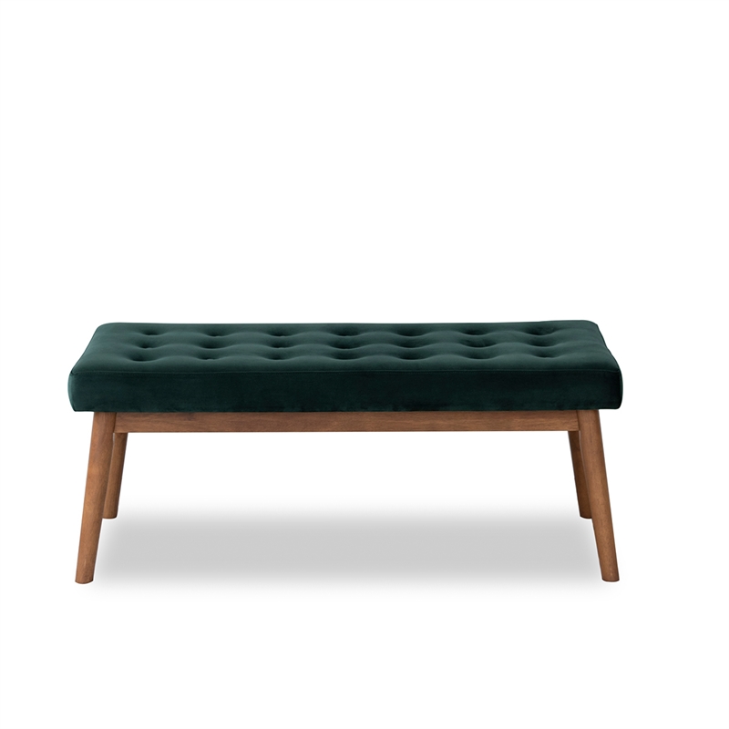 Pemberly Row Wood Frame and Velvet Upholstered Bench in Green/Walnut