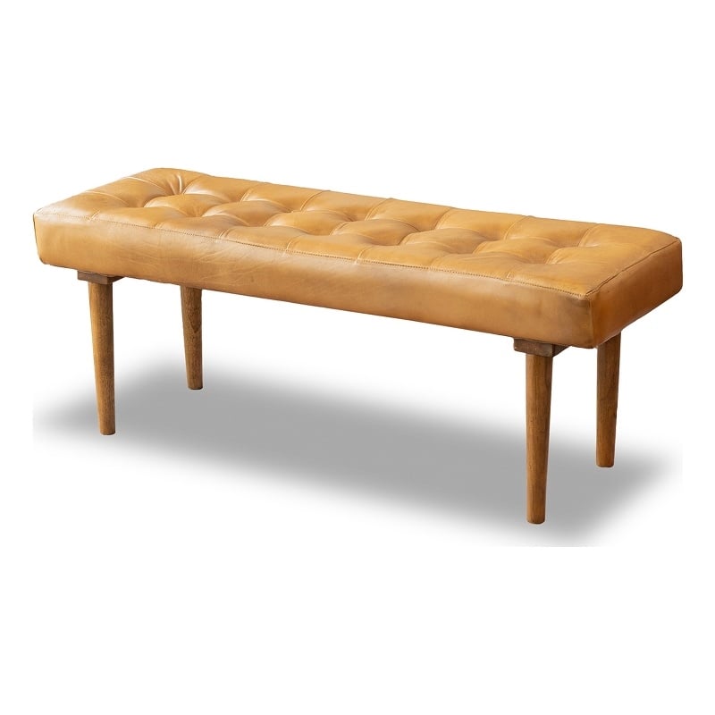Pemberly Row Mid-Century Modern Benji Cognac Tan Genuine Leather Bench