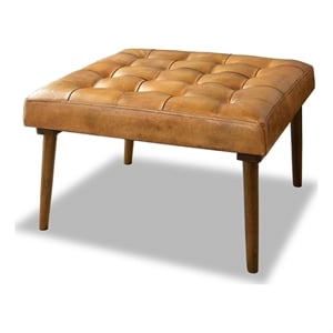 Pemberly Row Square Tufted Genuine Italian Leather Ottoman in Tan