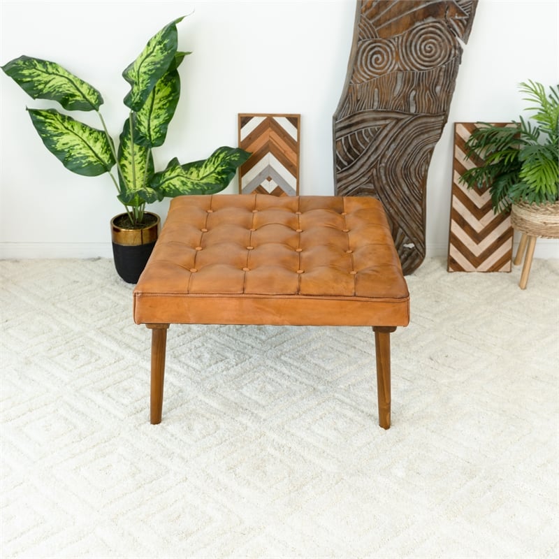 Pemberly Row Square Tufted Genuine Italian Leather Ottoman in Tan