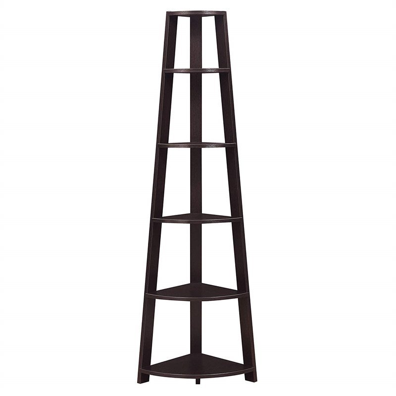 Pemberly Row 5 Tier Tall Wall Corner Bookshelf Bookcase in Espresso Brown