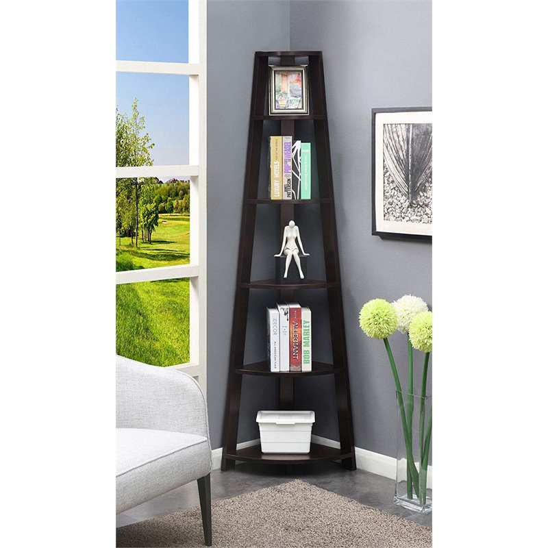 Pemberly Row 5 Tier Tall Wall Corner Bookshelf Bookcase in Espresso Brown