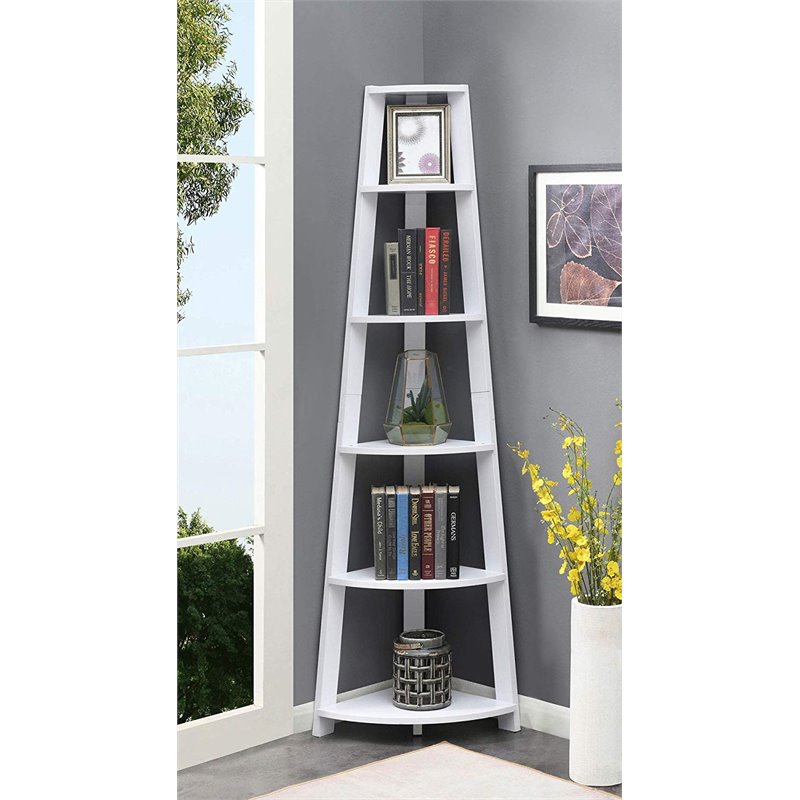 Pemberly Row 5 Tier Tall Wall Corner Bookshelf Bookcase in White