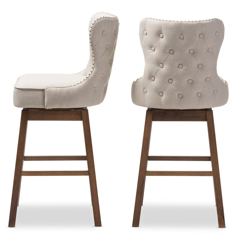 Pemberly Row Fabric Bar Stool Chair Set of 2 - Beige & Rotating Semi-circle Seat