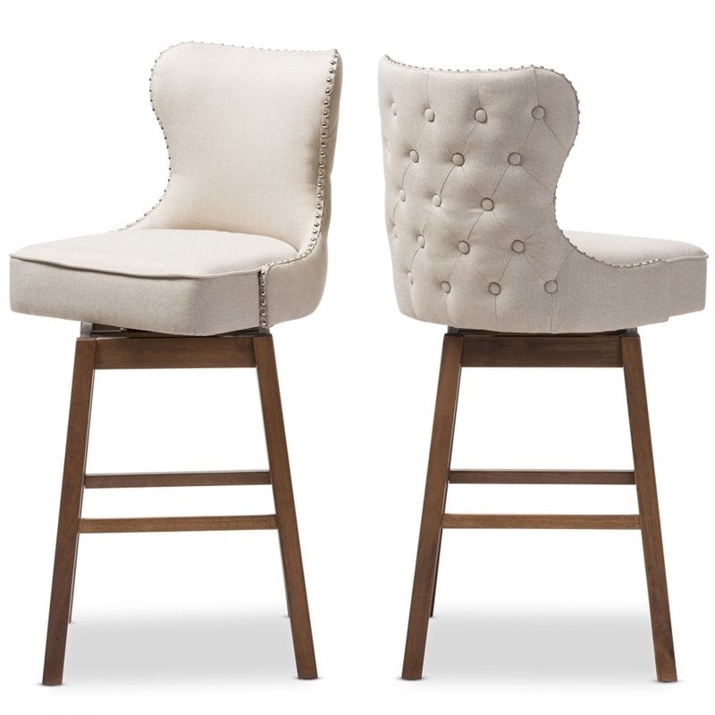 Pemberly Row Fabric Bar Stool Chair Set of 2 - Beige & Rotating Semi-circle Seat