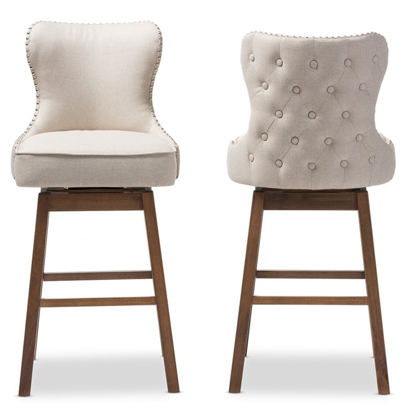 Pemberly Row Fabric Bar Stool Chair Set of 2 - Beige & Rotating Semi-circle Seat