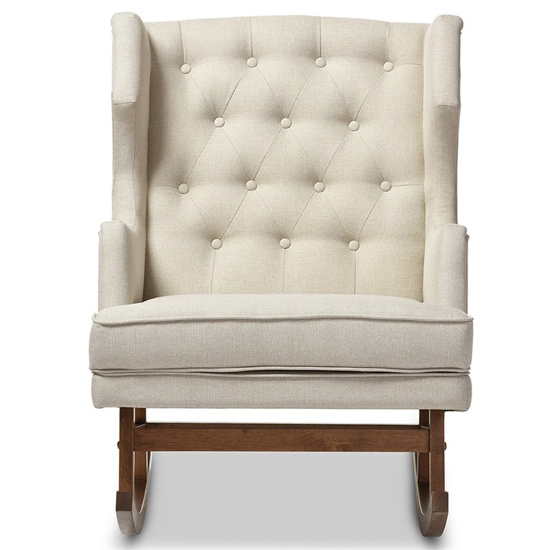 Pemberly Row Tufted Wingback Rocker in Light Beige and Walnut