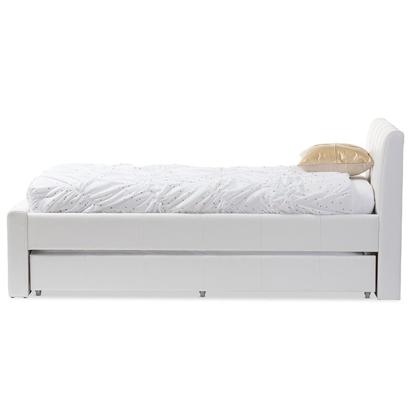 Pemberly Row Modern Faux Leather Twin Platform Bed with Trundle in White