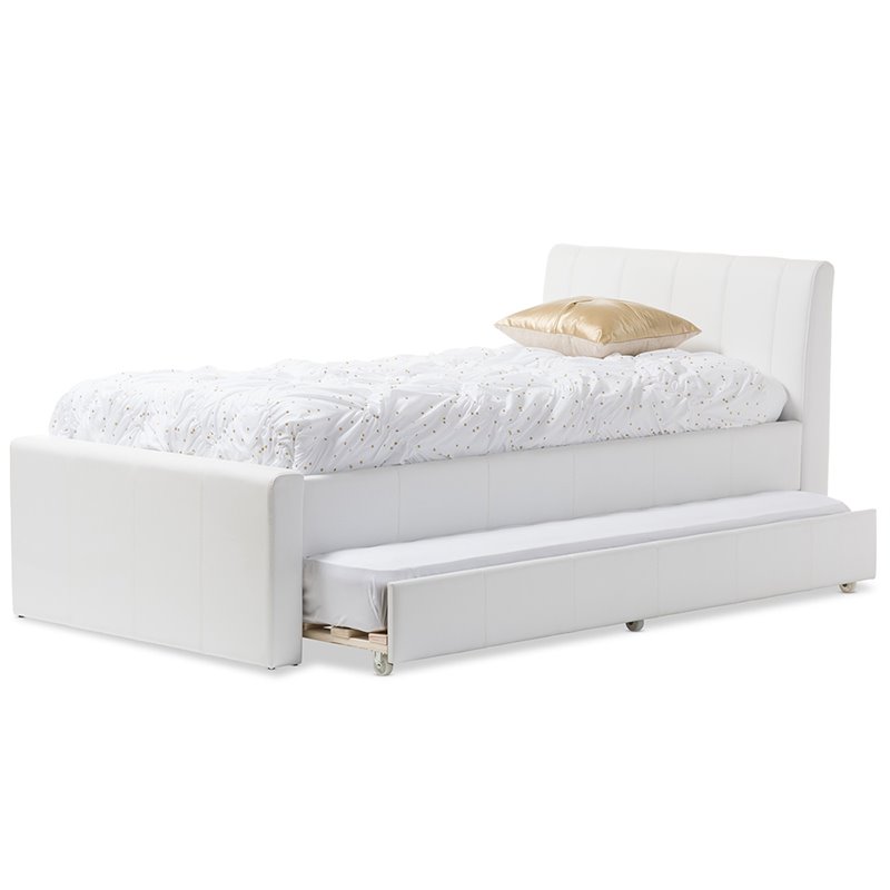 Pemberly Row Modern Faux Leather Twin Platform Bed with Trundle in White