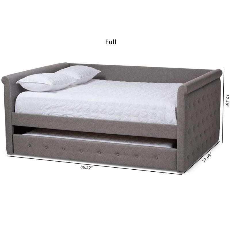 Pemberly Row Scrolled Arm Fabric Tufted Full Daybed with Trundle in Gray
