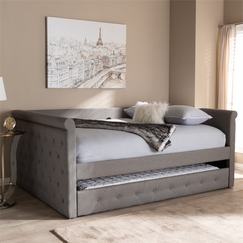 Pemberly Row Fabric Tufted Queen Daybed with Trundle in Gray