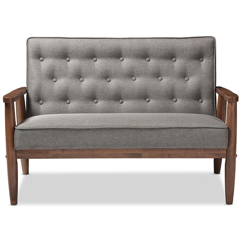 Pemberly Row Faux Leather Tufted Loveseat in Gray and Walnut