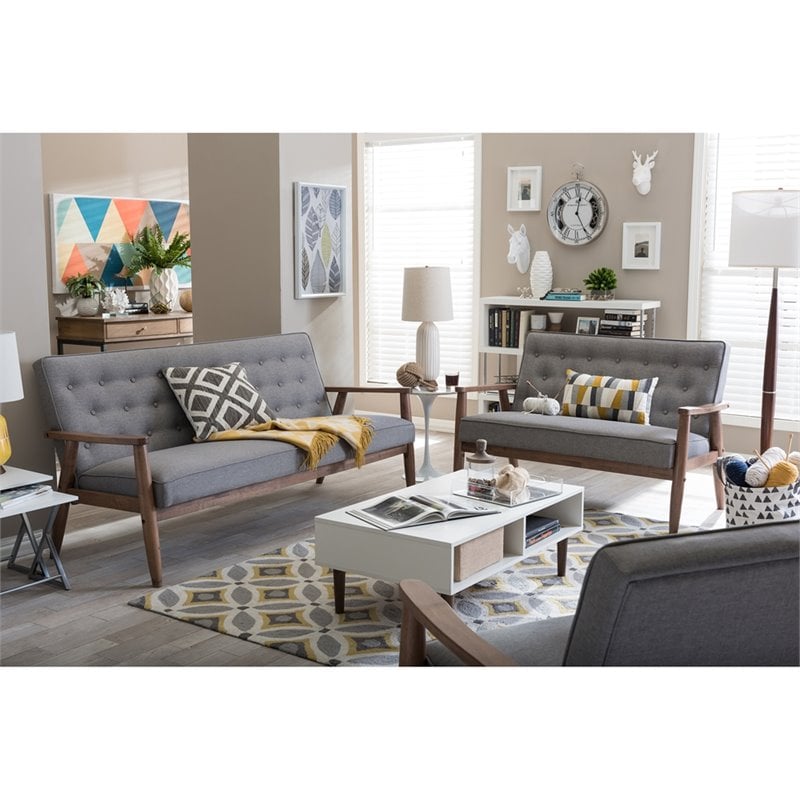 Pemberly Row Faux Leather Tufted Loveseat in Gray and Walnut