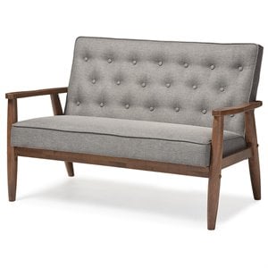Pemberly Row Faux Leather Tufted Loveseat in Gray and Walnut
